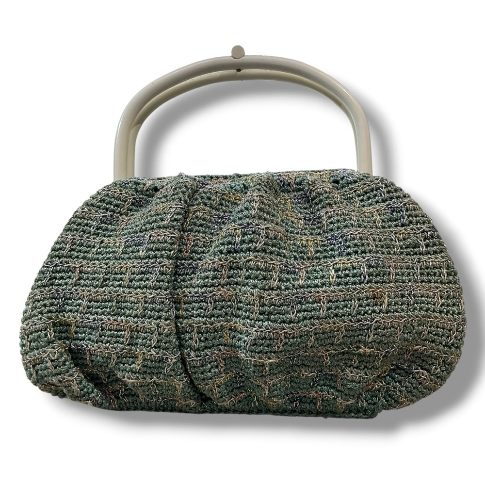 Vintage Green Woven Crochet Top-Handle Clutch